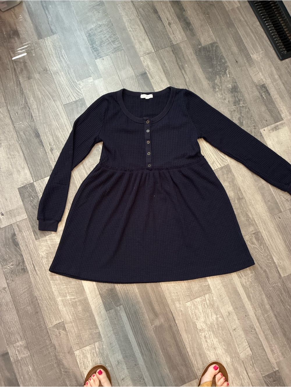 Long-Sleeve Navy Knit Button-Front Babydoll Dress